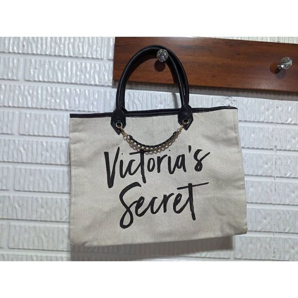 Victoria's Secret Handbags - Victoria's Secret Women's Off-White Canvas Supermodel Chain Embellished Tote Bag